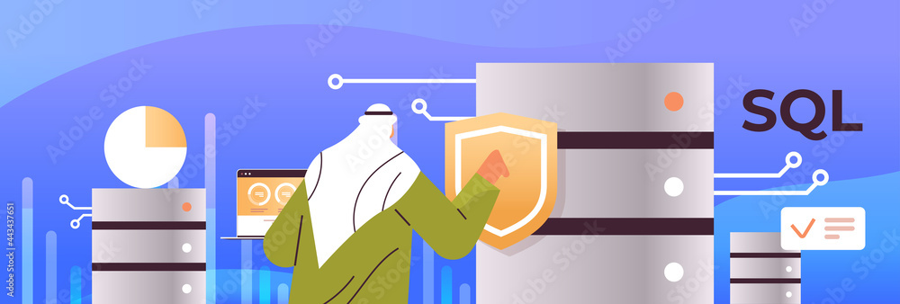 Poster arabic male admin working with dataserver SQL structured query language concept horizontal