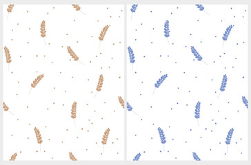 Cute Hand Drawn Floral Seamless Vector Patterns. Brown and Blue Crops Isolated on a White Background. Infantile Style Floral Print with Decorative Grass.