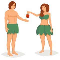 Adam and Eve in paradise, vector illustration - obrazy, fototapety, plakaty