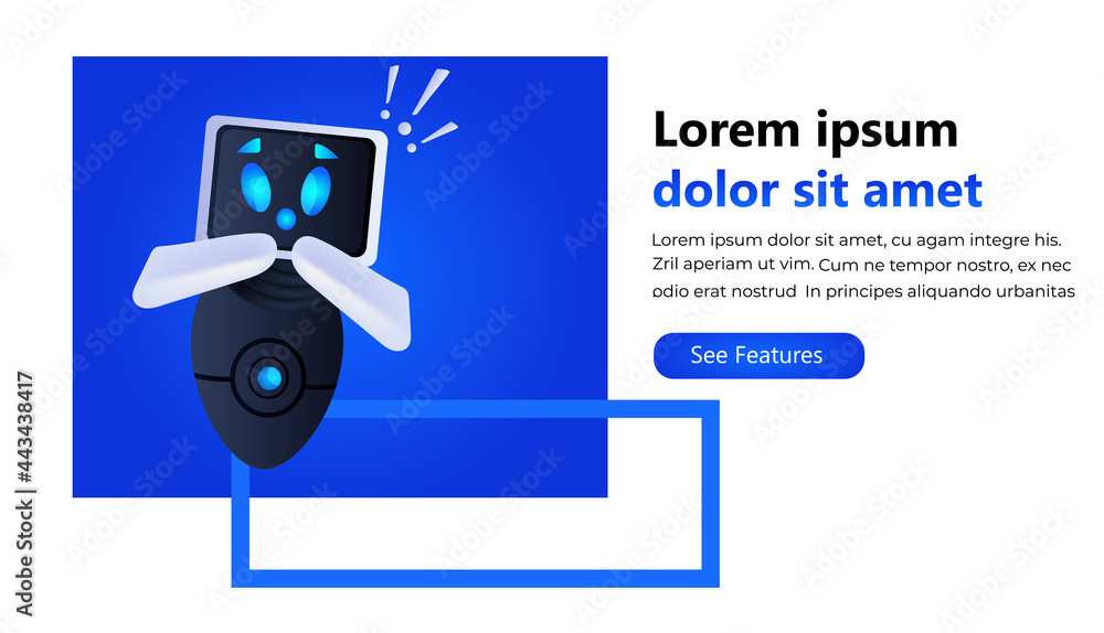 Poster frustrated robot cyborg with exclamation marks help support service faq problem artificial intellige