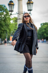 Beautiful country girl in 90s style. Back in time 90s 80s. Stylish girl in retro colourful vintage...
