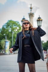 Beautiful country girl in 90s style. Back in time 90s 80s. Stylish girl in retro colourful vintage...