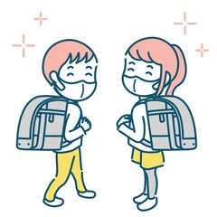 ランドセルを背負うマスクをした小学生の男女イラスト素材