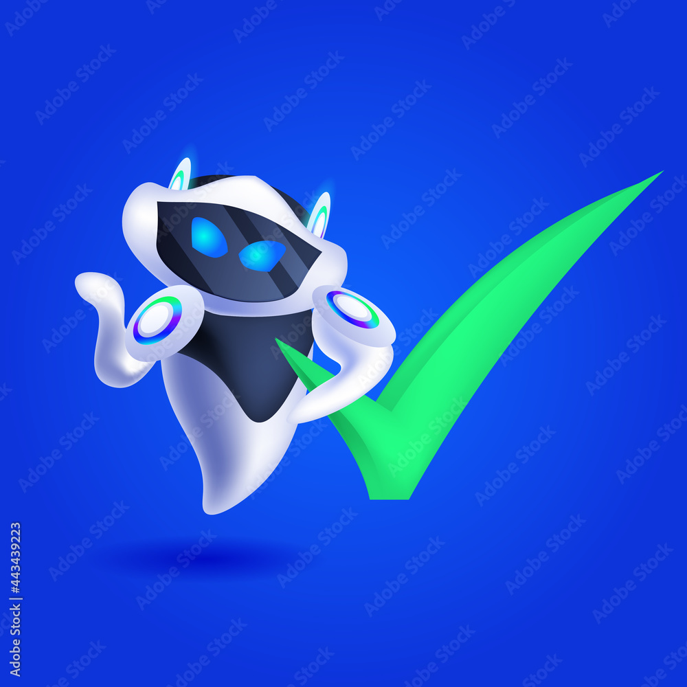 Aufkleber cute robot cyborg with green checkmark modern robotic character artificial intelligence technology c