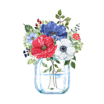 Watercolor floral bouquet in a glass jar. Hand painted illustration. Red, white and navy blue flowers, green leaves arrangement. Holiday card design.