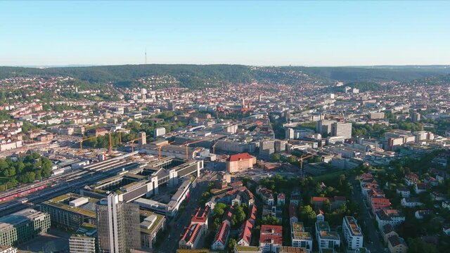 Stuttgart: Aerial view of city in Germany at sunset, center of city with mixture of modern and historic buildings - landscape panorama of Europe from above