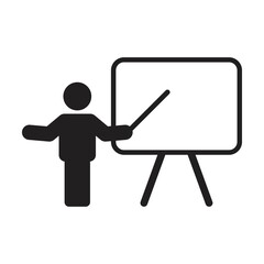 Class room vector male teacher person with white board symbol in a flat color glyph pictogram illustration