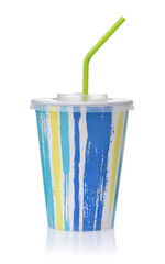 Colorful disposable paper cup with lid and straw