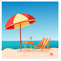 Deck chair on the beach under an umbrella. Cartoon style. The cocktail is on a small table. Sea sand. Sea star. Sea. Vector illustration
