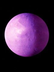 Purple planet with craters, exoplanet from an alien star system. Alone planet in deep space.