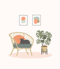 Fototapeta premium Comfortable chair with cat, paintings and house plants. Scandinavian interior. Vector flat cartoon illustration