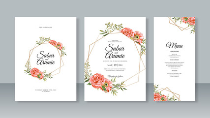 Set templates wedding card invitation with Floral watercolor painting and geometric border