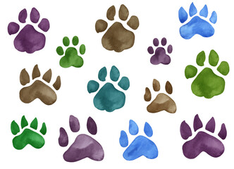 Watercolor Colored hand drawn illustration with animal paw footprints