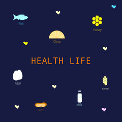 food elements of health life. Flat colorful vector illustration on dark blue background. Icons illustration of different healthy food elements