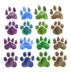 Watercolor Colored hand drawn illustration with animal paw footprints