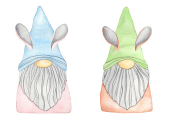 Pastel watercolor illustration of Gnome bunny for Easter Day cartoon isolated on white background.