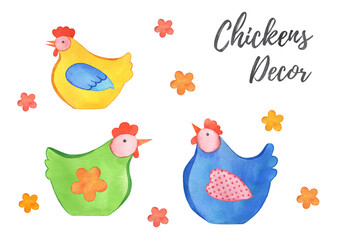 Watercolor big Colorful chicken Hens, Easter decor illustration, spring