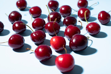 cherries close up on blue background
