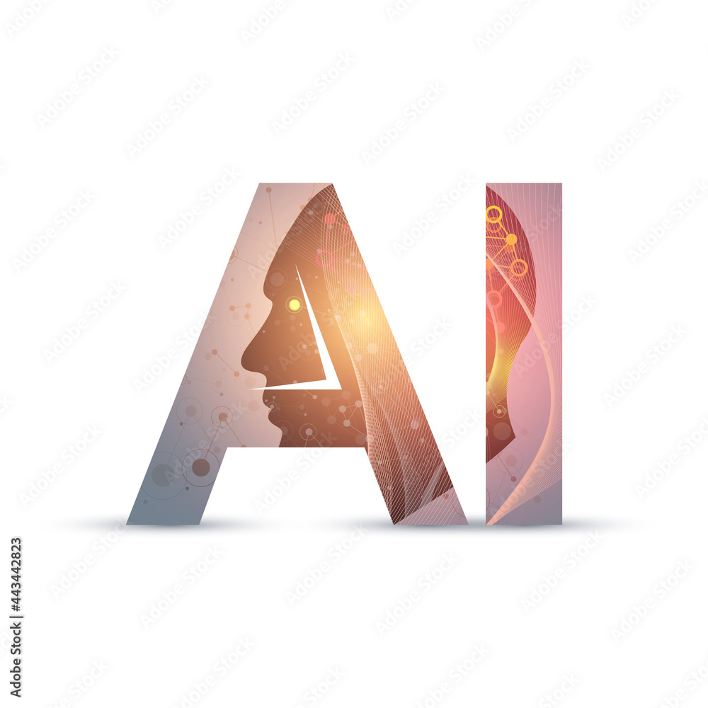 Poster artificial intelligence and machine learning illustration concept. human head outline with brain, il