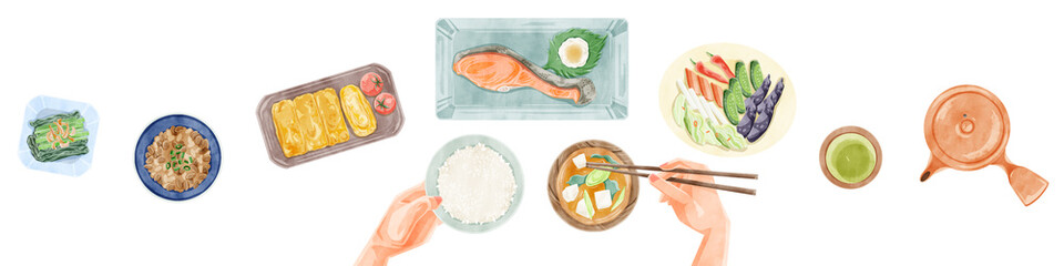 日本の朝食（和食）手描き水彩風イラスト