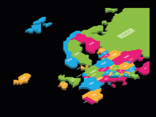 Isometric political map of Europe. Colorful land with country name labels on white background. 3D vector illustration