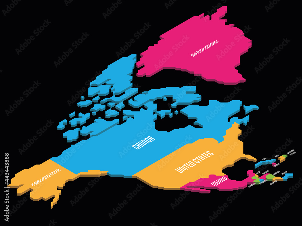 Wall mural Isometric political map of North America. Colorful land with country name labels on white background. 3D vector illustration - Wall murals
