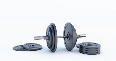 Plakat 3d render of Stylish Iron Barbell, dumbbell isolated on white background. High resolution, Gym equipment,