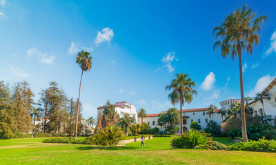Beautiful Sunken Gardens in Santa Barbara under a blue sky.
