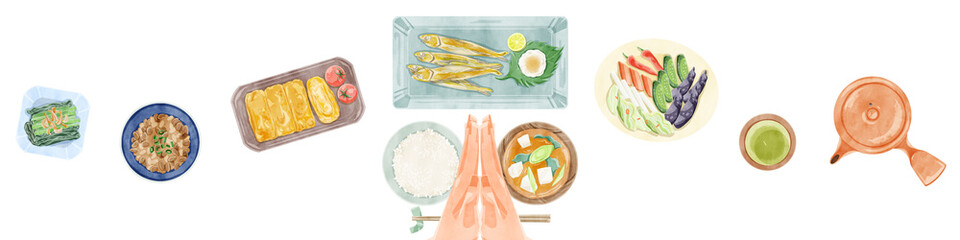 日本の朝食（和食）手描き水彩風イラスト