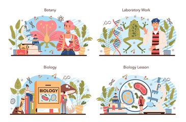 Biology school subject concept set. Students exploring nature and living