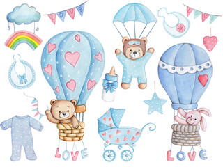 Cute tender baby toys, teddy bears, nursery decor desogn elements. Watercolor hand drawn illustration, isolated.