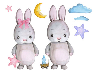 Cute cartoon baby bunny, rabbit, hare. Hand drawn watercolor illustration of cute animak for children. Isolated.