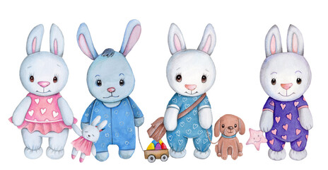 Cute cartoon baby bunny, rabbit, hare. Hand drawn watercolor illustration of cute animak for children. Isolated.
