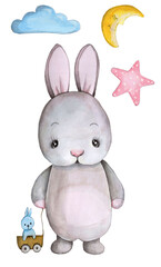 Obraz premium Cute cartoon baby bunny, rabbit, hare. Hand drawn watercolor illustration of cute animak for children. Isolated.