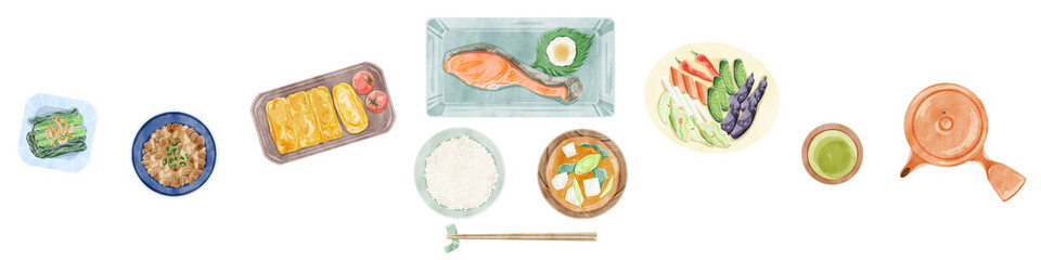 日本の朝食（和食）手描き水彩風イラスト
