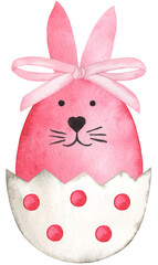 Watercolor Easter Pink Rabbit Egg in shell with pink bow