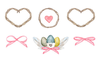 Watercolor Spring Easter wreath. Hand drawn tree branch with feathers, eggs, pink bows