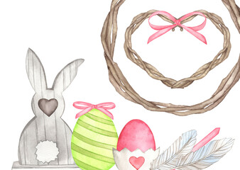 Watercolor Easter set Grey Rabbit, eggs, feathers, wreath with pink bow