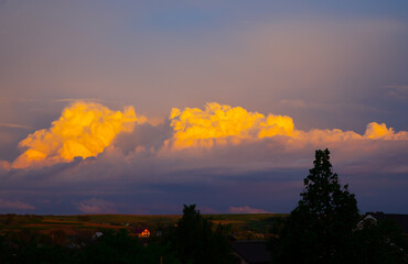 Panoramic view of beautiful thunderclouds. Beautiful dramatic  blue sky background. Rainy weather....