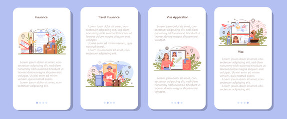 Traveling abroad mobile application banner set. Visa application approving