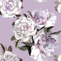 White peonies watercolor on light violet grey background seamless pattern for all prints.