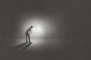 Illustration of man with lantern in the dark, surreal concept - 443448248