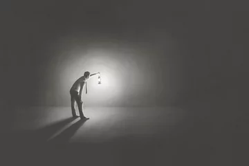 Foto op Aluminium Illustration of man with lantern in the dark, surreal concept © fran_kie