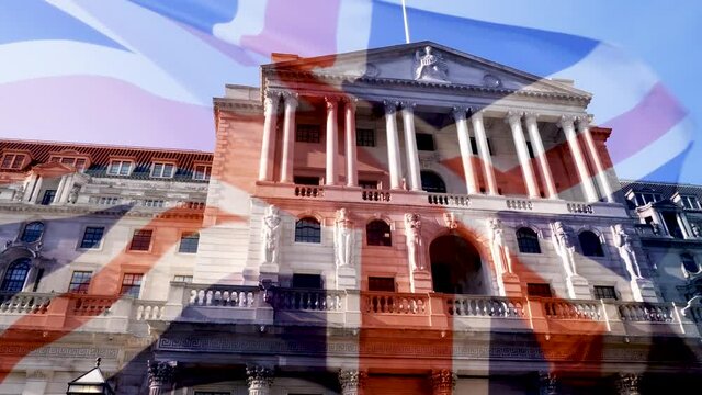 4K UK Union Jack Flag With Bitcoin Crypto Currency. Concept Showing Bank Of England National Regulations, Laws And Monetary Policy. Central Bank Fight Corruption And Money Laundering. 