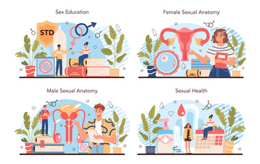 Sexual education concept set. Sexual health lesson for young people.