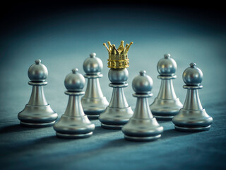 Silver chess pawn wear gold crown is surrounded by falling around silver chess pieces to fighting with teamwork to victory, business strategy concept and leader and teamwork concept for success. - obrazy, fototapety, plakaty