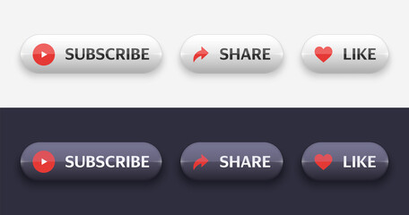 Glass buttons set for social media and channel. Realistic Glass Buttons white and black color with shadow. Subscribe, Share and Like. Vector illustration EPS10