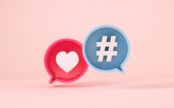 Chat bubbles with like symbol and hashtag. 3d rendering