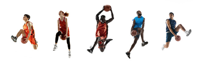 Sport collage. Basketball players in motion isolated on white studio background.
