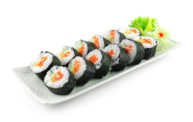 Gimbap Salmon also spelled Kimbap ingredients such as vegetables and Salmon that are rolled in gim dried sheets of seaweed